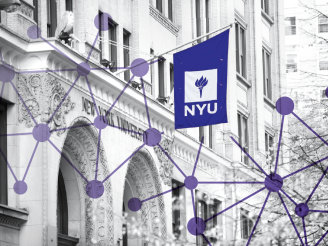 Graphic of purple dots connected by lines over black and white image of NYU school building