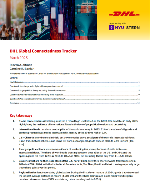 Screenshot of the DHL Global Connectedness Index March 2025, showing the heading, the title, the table of contents, and the 10 key takeaways