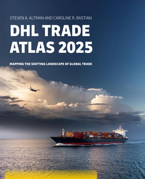 DHL Trade Atlas 2025 Cover of the DHL Trade Atlas 2025, which features a cargo ship under blue skies, but on a heading toward a storm. An airplane flies above. At the bottom are the DHL and NYU Stern logos.