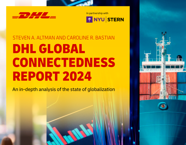 DHL Global Connectedness Report 2024 The cover of the DHL Global Connectedness Report 2024: An in-depth analysis of the state of globalization. The cover features four panels arranged horizontally: (1) a woman walking away from the viewer; (2) a set of digital financial graphics; (3) a colorful fiber optic cable; (4) a large container ship approaching the viewer