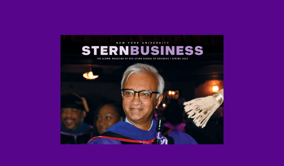 A photo of the latest cover of the Stern Business magazine, with a photo of Dean Raghu Sundaram. It is on top of a purple background. 