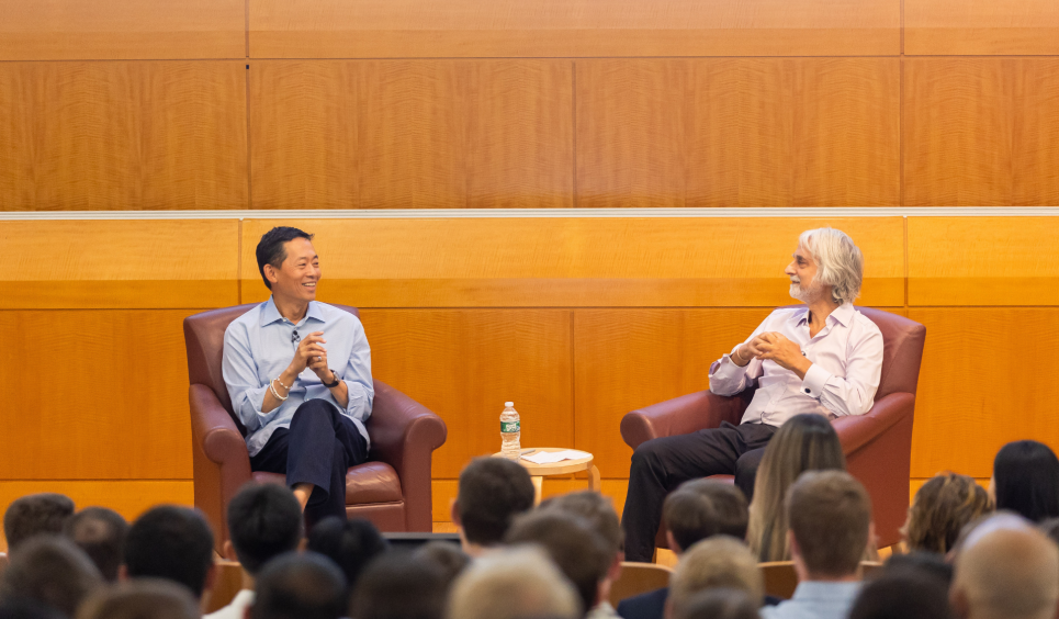 NYU Board of Trustees Member and Stern Executive Board Member David Ko (BS ’93), CEO and Board Member of Calm, and Professor Vasant Dhar talking as a part of LAUNCH