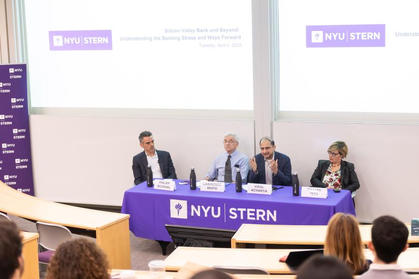 (l-r Professor Philipp Schnabl, Professor Lawrence J. White, Professor Viral Acharya, Gillian Tett, Chair of the Editorial Board and Editor-at-Large, US, Financial Times; Provost-designate of King's College, Cambridge)