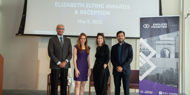 From left to right: Dean Raghu Sundaram, Elizabeth Elting (MBA ’92), President-Designate Linda Mills, and EFL Founding Director Professor Deepak Hegde