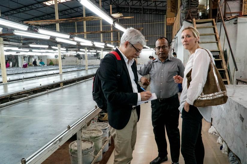 Paul Barrett, Center for Business and Human Rights Deputy Director and Senior Research Scholar (left), and Dorothée Baumann-Pauly, Center Research Director (right), on a research trip in Bangladesh in 2018.