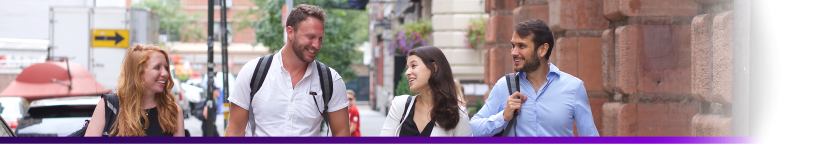 banner of four people walking and talking down the street