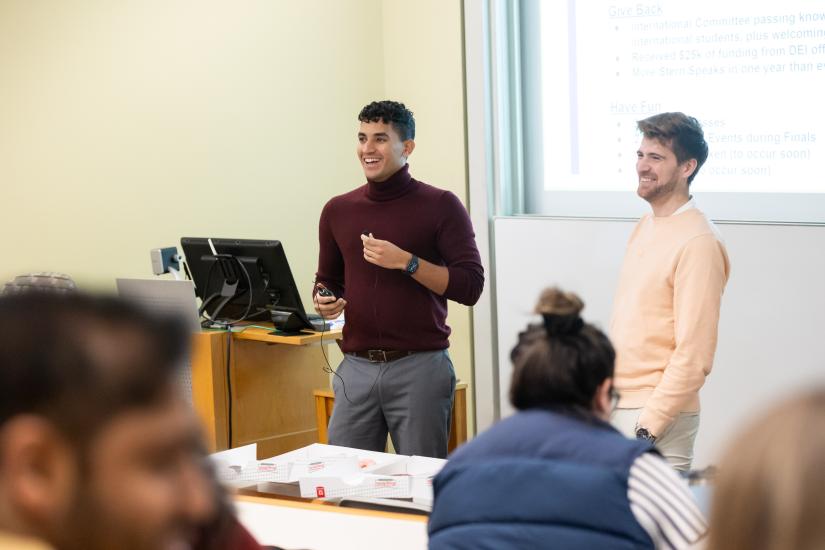 Full-Time MBA Student Government co-presidents, Josh Yohannan and Nate Hudson (left and right), host their last board meeting of the year