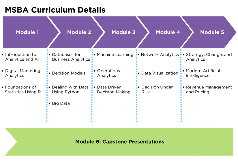 A graphic summarizing the course titles for all MSBA modules.