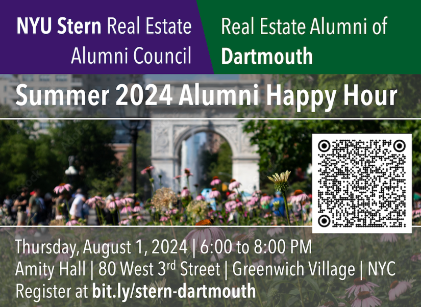 Stern Real Estate’s 2nd Annual Summer Happy Hour with Dartmouth/Tuck Real Estate Alumni. August 1 at 6 PM at Amity Hall. Register at bit.ly/stern-dartmouth 