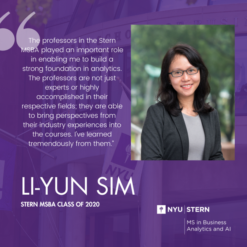 A graphic including a portrait of MSBA Alumni Li-Yun Sim and a quote about her experience.