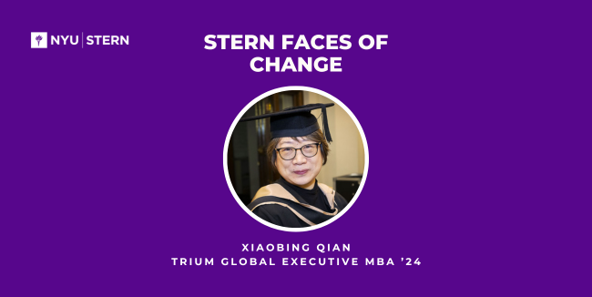 A violet graphic with a headshot of Xiaobing Qian that says: "Stern Faces of Change, Xiaobing Qian TRIUM global executive MBA ’24."